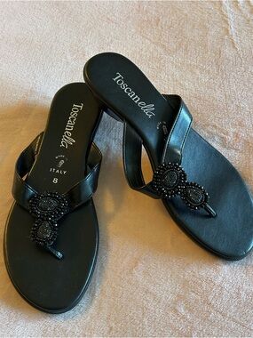Toscanella black wedge beaded thong sandals size 8 summer vacation beach